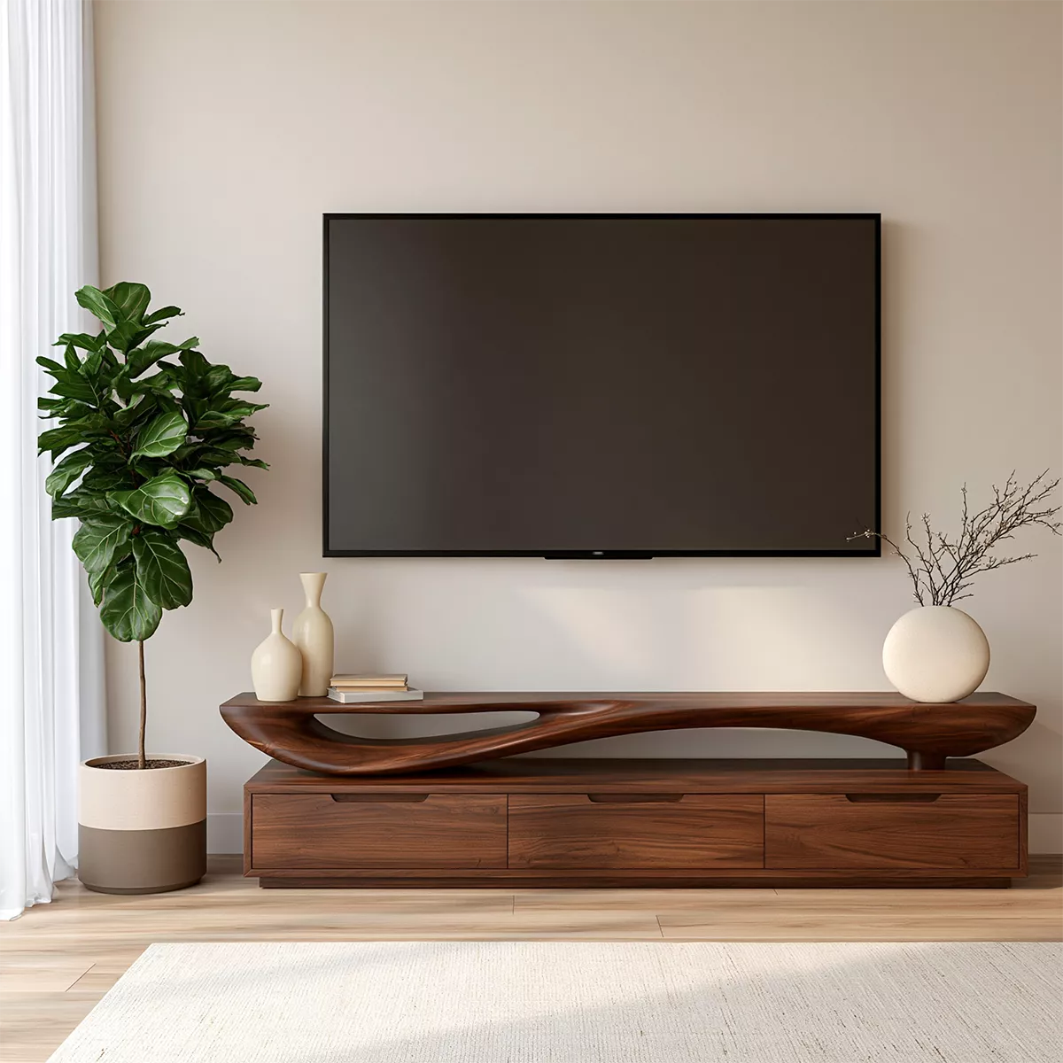 Sculptural Wave Solid Wood TV Stand With Open Display Shelf And Hidden Drawer Storage For Living Room