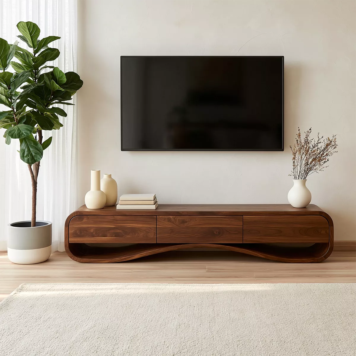 Modern Sculptural Solid Wood TV Stand With Rounded Frame For Living Room