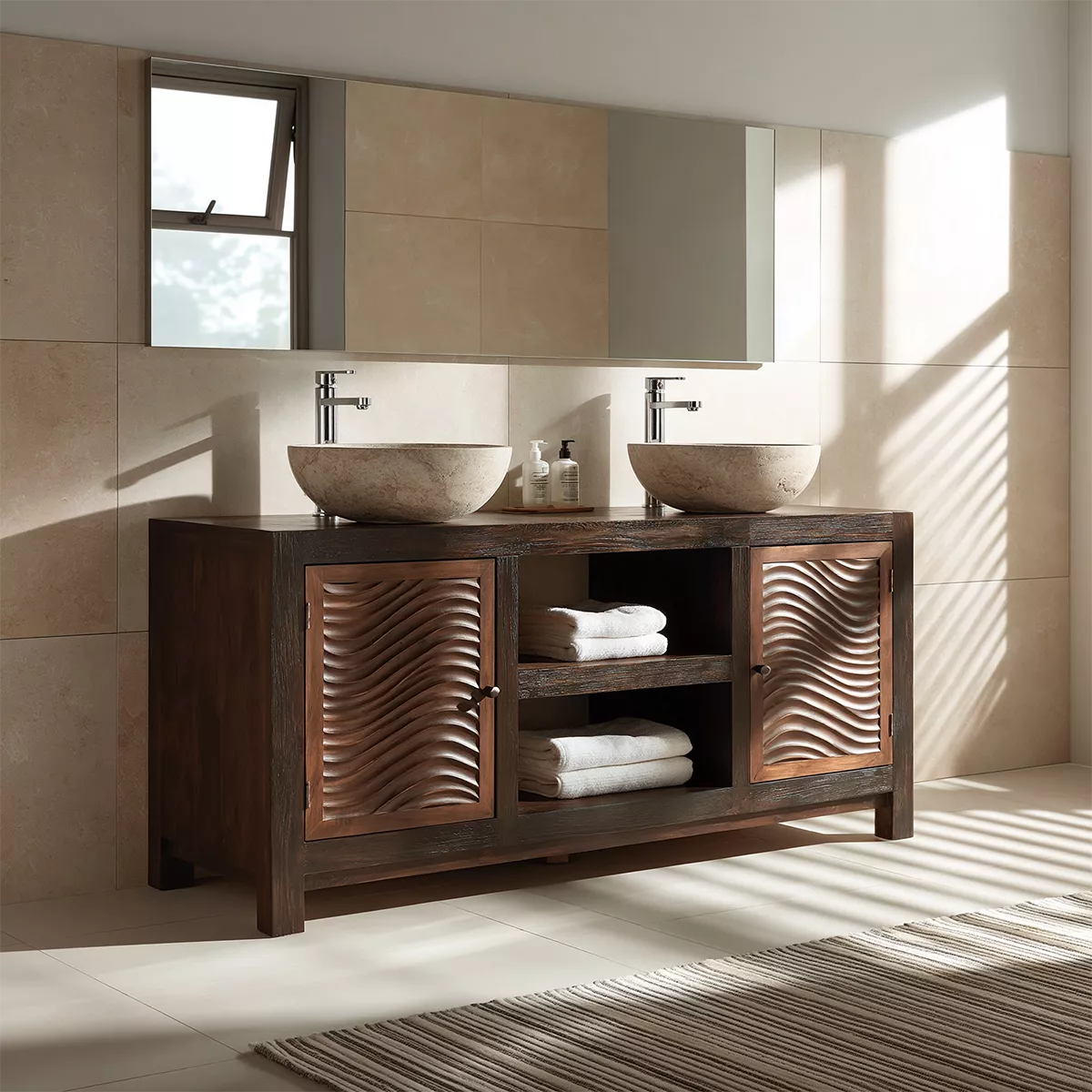 Double Sink Solid Wood Bathroom Vanity With Carved Wave Doors And Open Shelf Storage