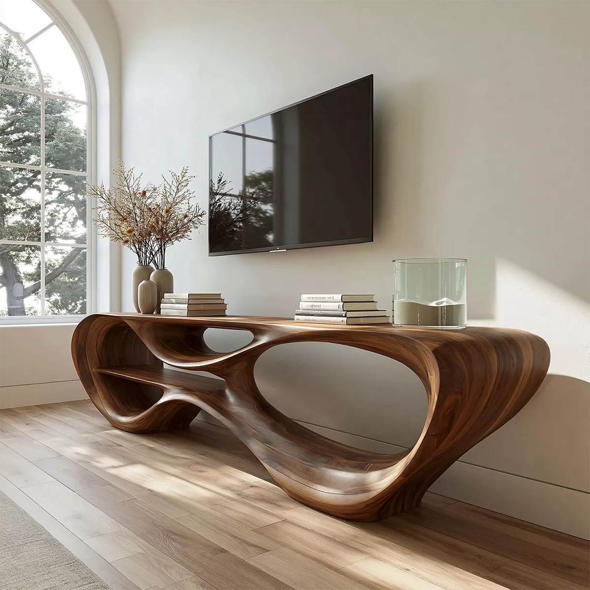 Sculptural Solid Wood TV Stand With Organic Open Frame And Natural Wood Grain For Living Room