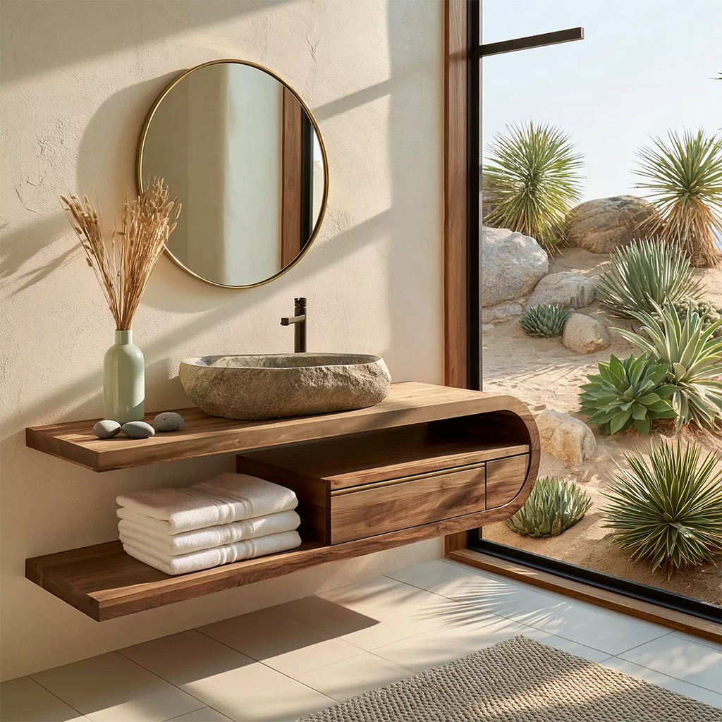 Floating Solid Wood Bathroom Vanity With Open Shelf And Rounded Drawer Storage