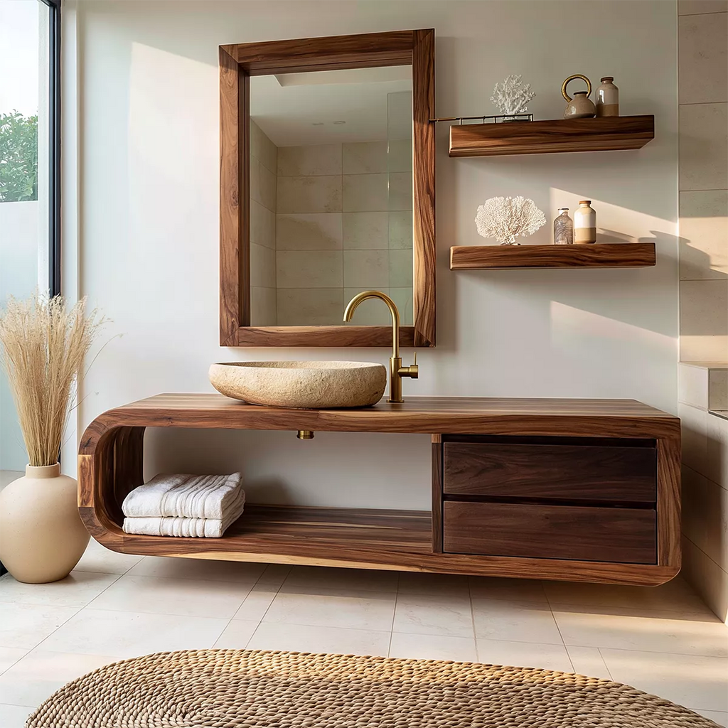 Solid Wood Bathroom Vanity With Rounded Open Shelf And Drawer Storage For Modern Bathroom