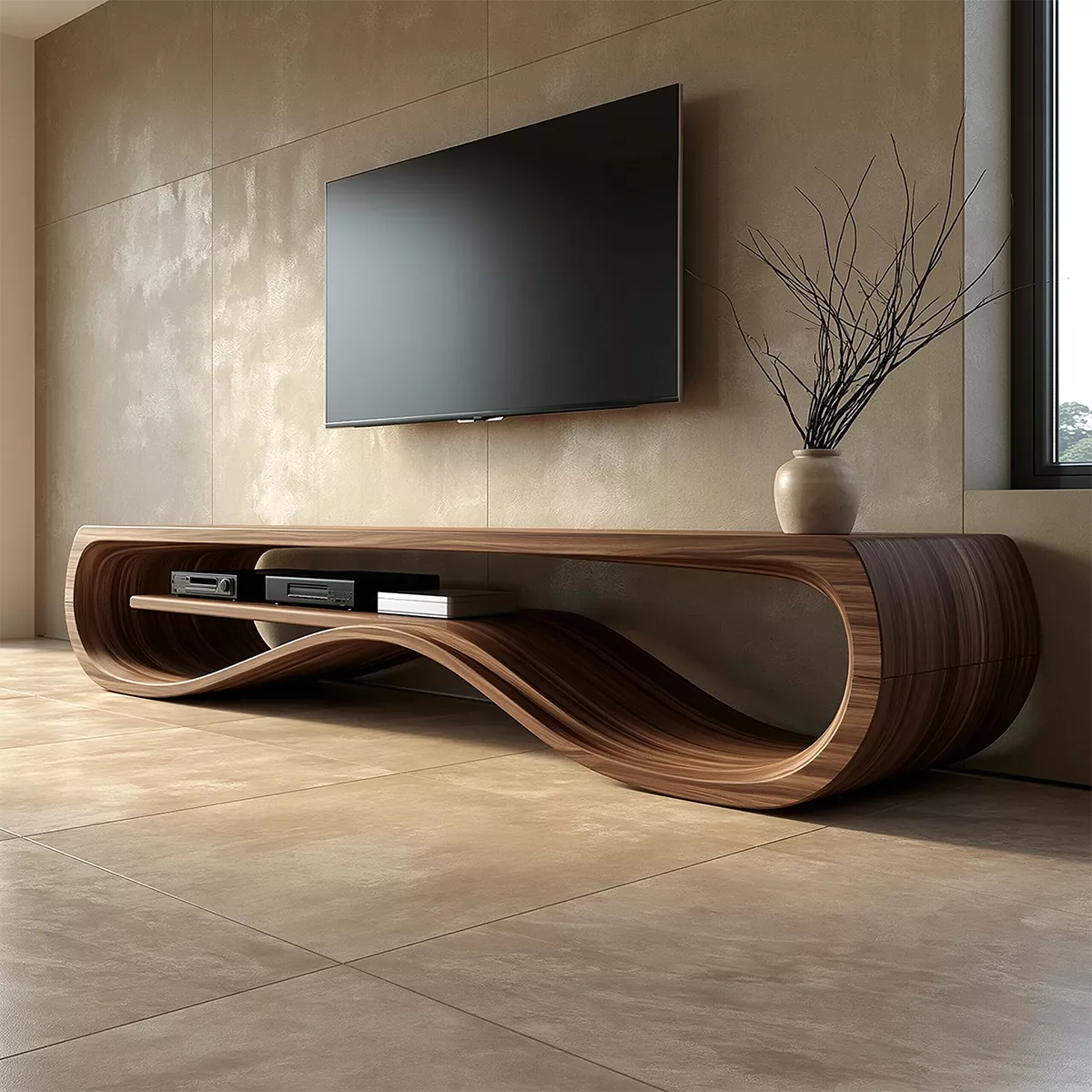 Sculptural Solid Wood TV Cabinet With Wave Open Shelf Rounded Waterfall Sides And Natural Wood Grain For Modern Living Room