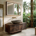 Floating Walnut Wood Bathroom Vanity With Carved Wave Front And Hidden Cabinet Storage