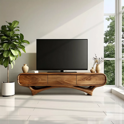 Organic Solid Wood TV Stand With Rounded Edges And Sculptural Curved Base