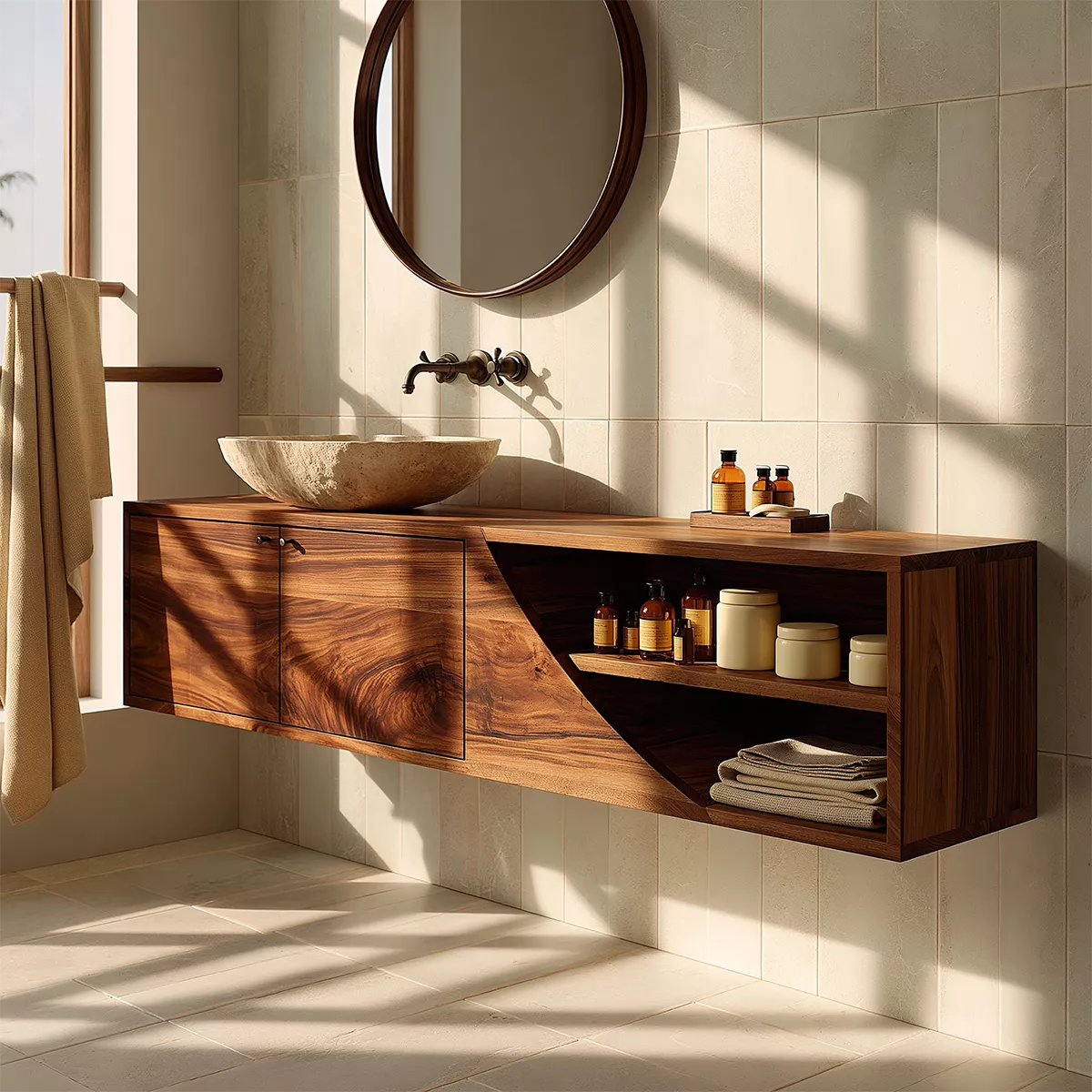 Floating Solid Wood Bathroom Vanity With Asymmetrical Open Shelf And Hidden Cabinet Storage