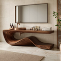 Sculptural Solid Wood Bathroom Vanity With Flowing Wave Base And Natural Wood Grain
