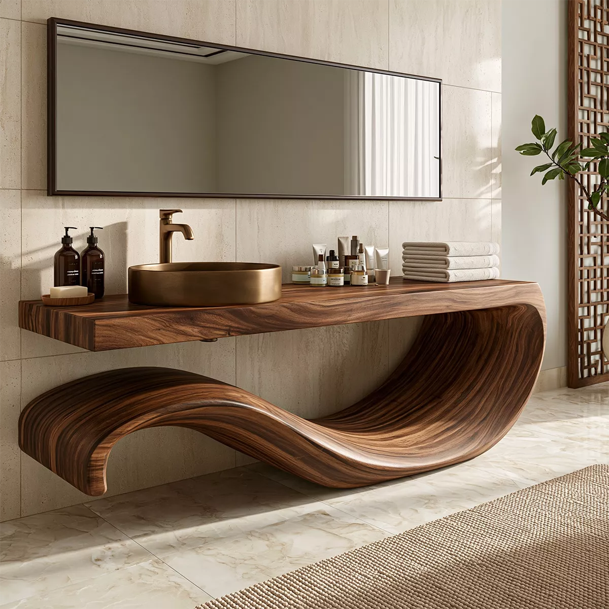 Sculptural Floating Solid Wood Bathroom Vanity With Large Wave Base And Natural Wood Grain