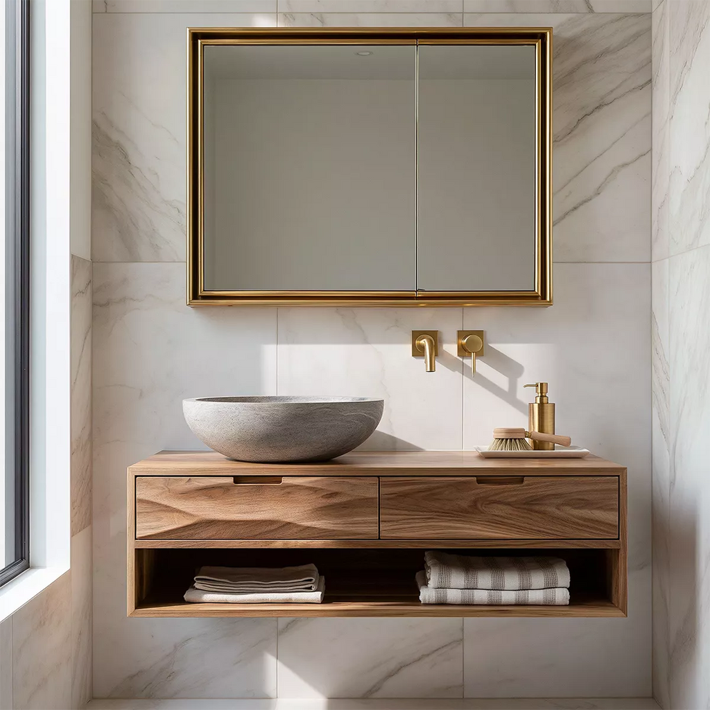 Floating Solid Wood Bathroom Vanity With Open Towel Shelf And Hidden Drawer Storage