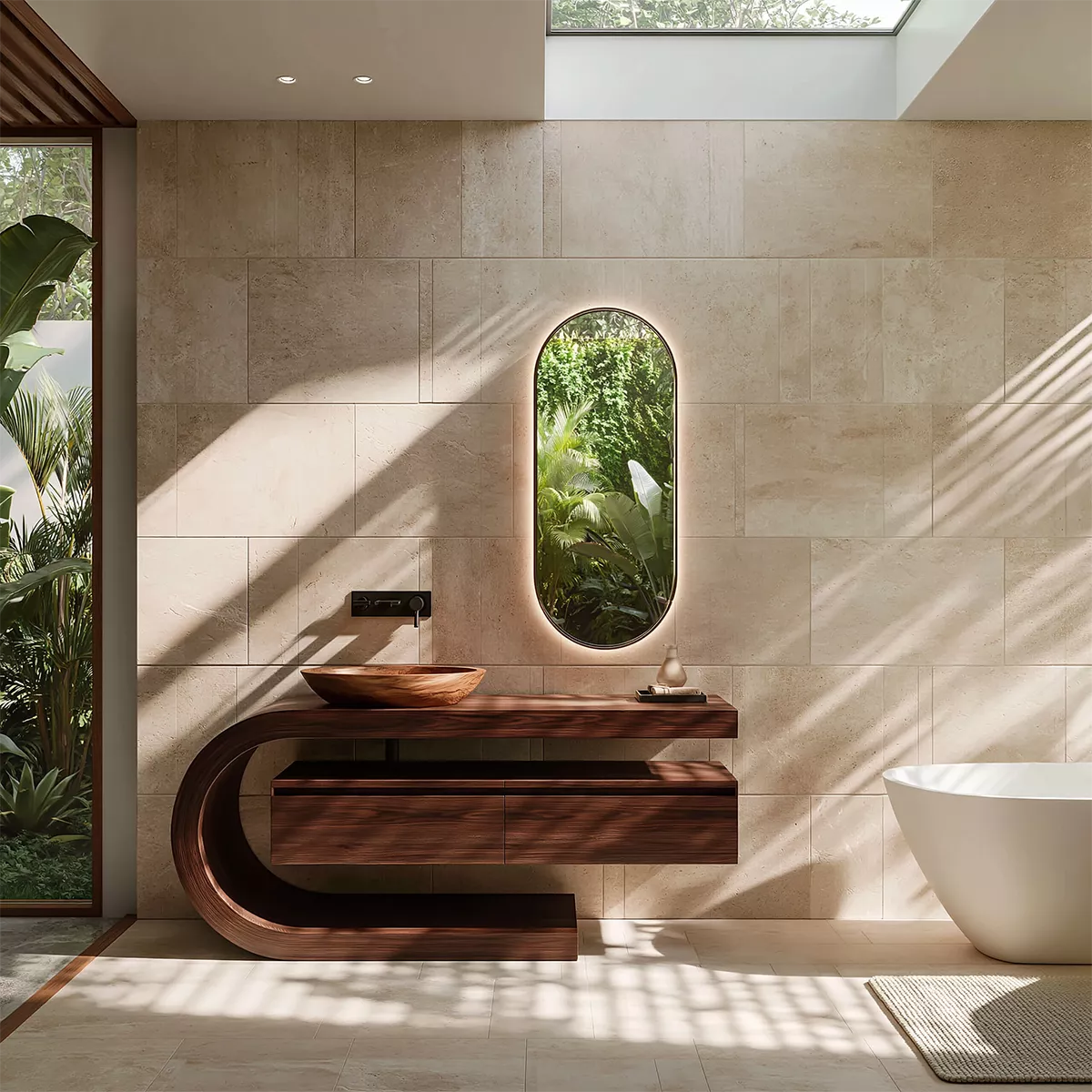 Floating Walnut Wood Bathroom Vanity With Curved C Frame And Hidden Drawer Storage