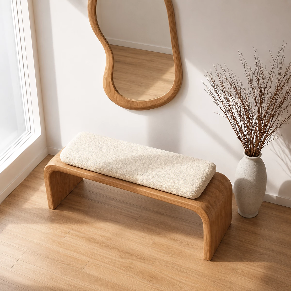 Upholstered Curved Wood Bench – Modern Entryway Bench with Natural Wood Frame - Livewoodcraft - 10