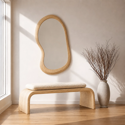 Upholstered Curved Wood Bench – Modern Entryway Bench with Natural Wood Frame - Livewoodcraft - 2