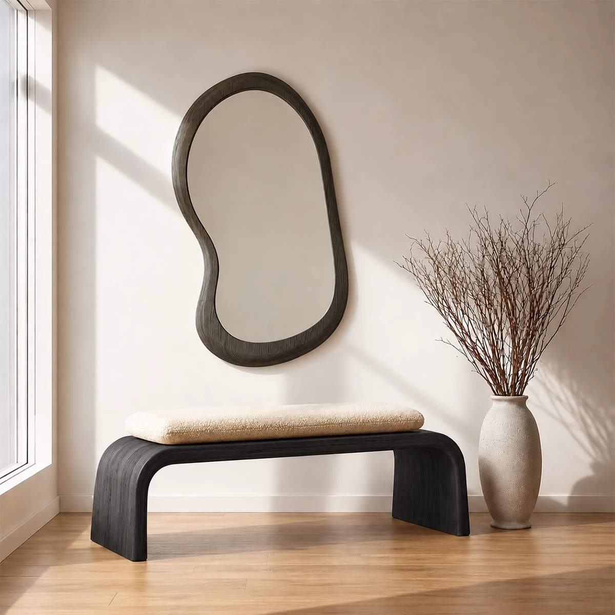 Upholstered Curved Wood Bench – Modern Entryway Bench with Natural Wood Frame - Livewoodcraft - 3