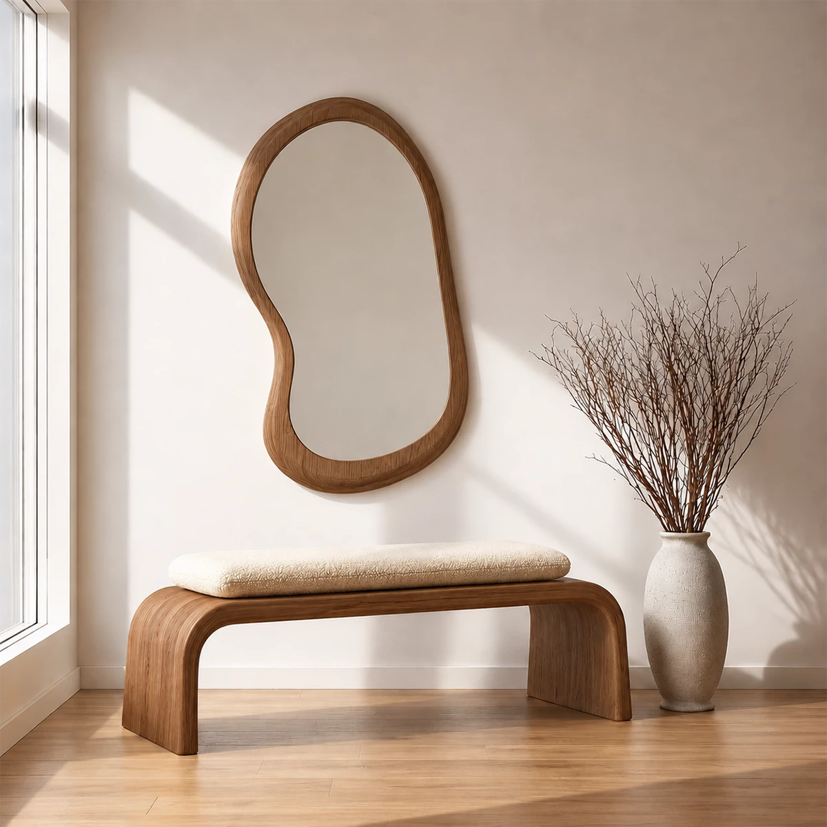 Upholstered Curved Wood Bench – Modern Entryway Bench with Natural Wood Frame - Livewoodcraft - 4