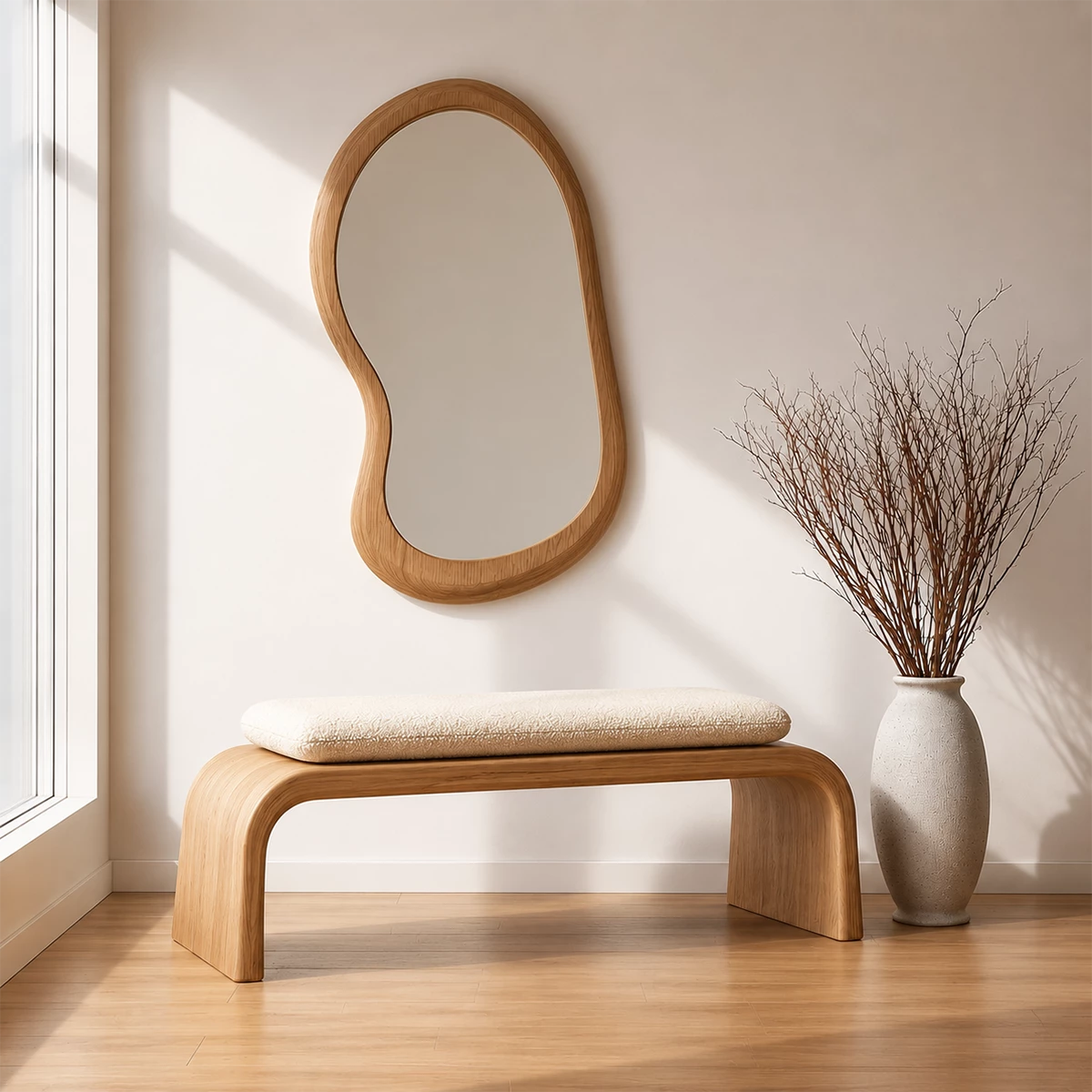 Upholstered Curved Wood Bench – Modern Entryway Bench with Natural Wood Frame - Livewoodcraft - 5