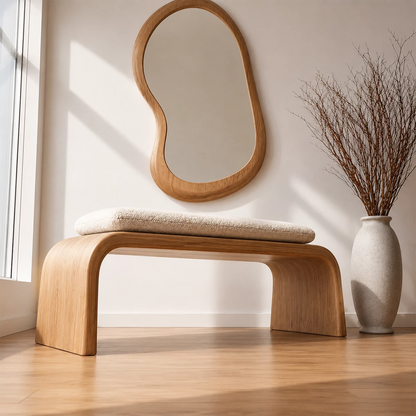 Upholstered Curved Wood Bench – Modern Entryway Bench with Natural Wood Frame - Livewoodcraft - 9