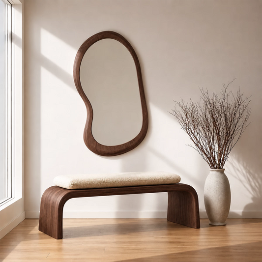 Upholstered Curved Wood Bench – Modern Entryway Bench with Natural Wood Frame - Livewoodcraft