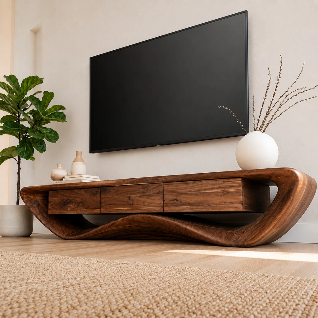 Natural Solid Wood TV Stand with Three Drawers and Sculptural Wave Base