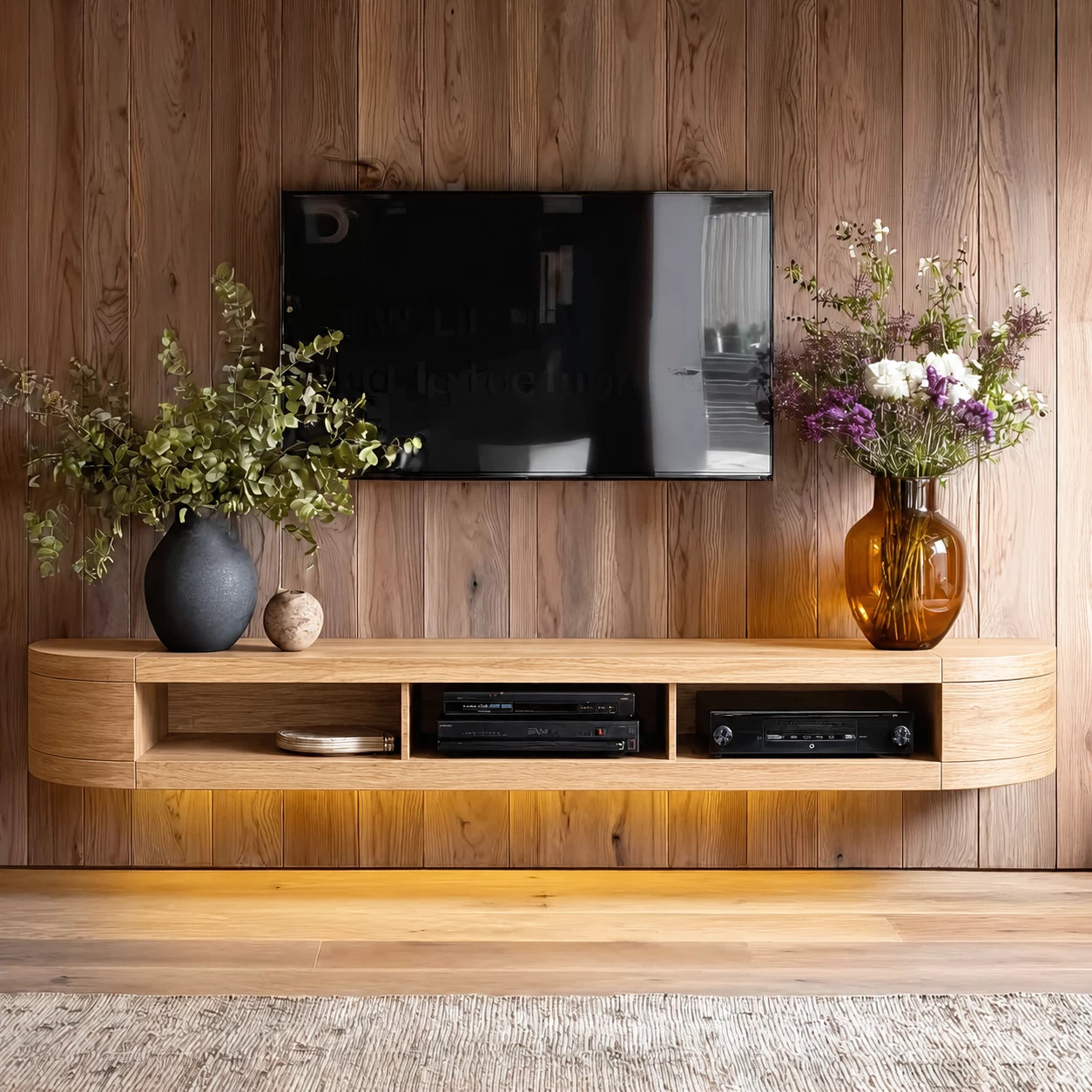 Wall Mounted Natural Solid Wood TV Stand with Open Media Storage Design - Livewoodcraft - 10