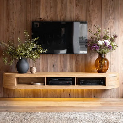 Wall Mounted Natural Solid Wood TV Stand with Open Media Storage Design - Livewoodcraft - 10