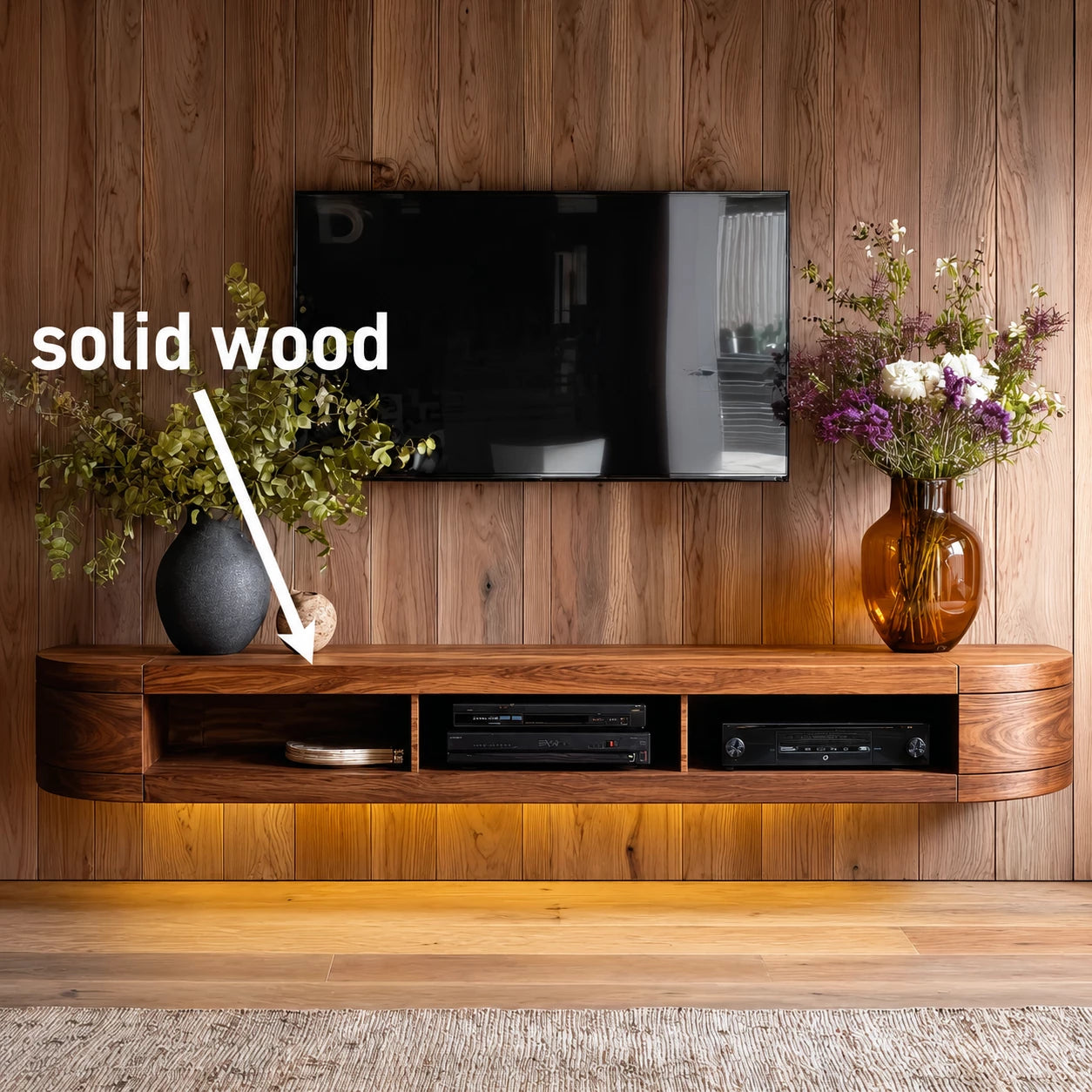 Wall Mounted Natural Solid Wood TV Stand with Open Media Storage Design - Livewoodcraft - 2