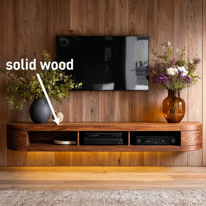 Wall Mounted Natural Solid Wood TV Stand with Open Media Storage Design - Livewoodcraft - 2