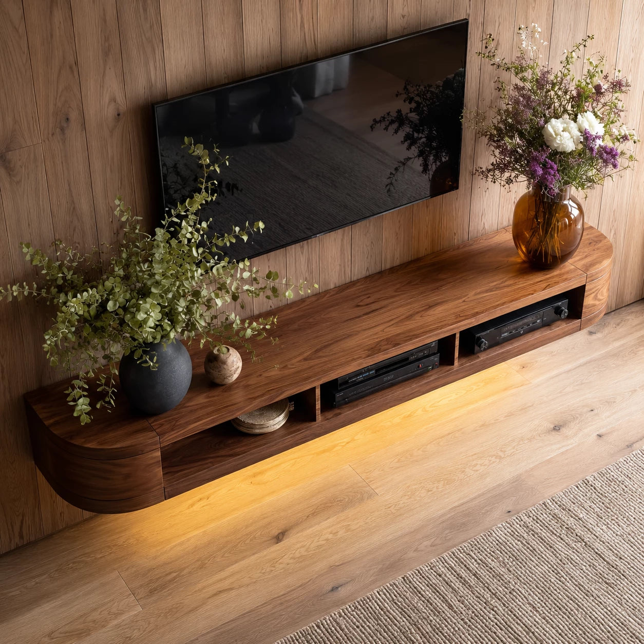 Wall Mounted Natural Solid Wood TV Stand with Open Media Storage Design - Livewoodcraft - 5
