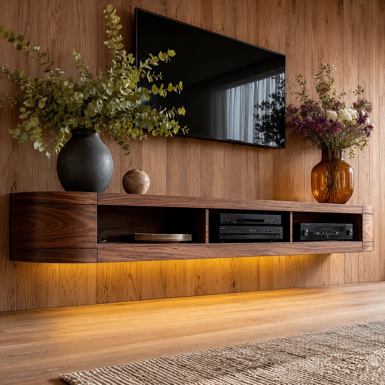 Wall Mounted Natural Solid Wood TV Stand with Open Media Storage Design - Livewoodcraft - 6
