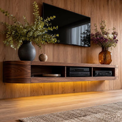 Wall Mounted Natural Solid Wood TV Stand with Open Media Storage Design - Livewoodcraft - 6