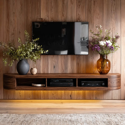 Wall Mounted Natural Solid Wood TV Stand with Open Media Storage Design - Livewoodcraft - 7