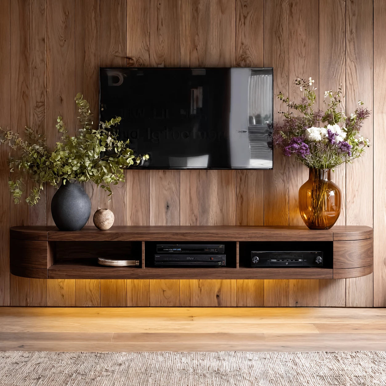 Wall Mounted Natural Solid Wood TV Stand with Open Media Storage Design - Livewoodcraft - 8