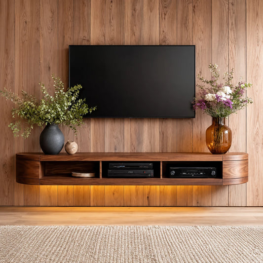 Wall Mounted Natural Solid Wood TV Stand with Open Media Storage Design - Livewoodcraft