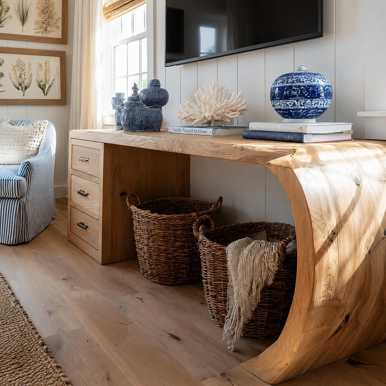 Waterfall Natural Solid Wood Media Console with Drawers and Open Storage - Livewoodcraft - 6