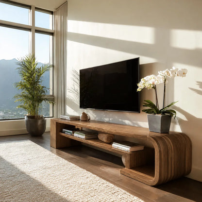 Waterfall Natural Solid Wood TV Stand with Open Display Shelves - Livewoodcraft - 2