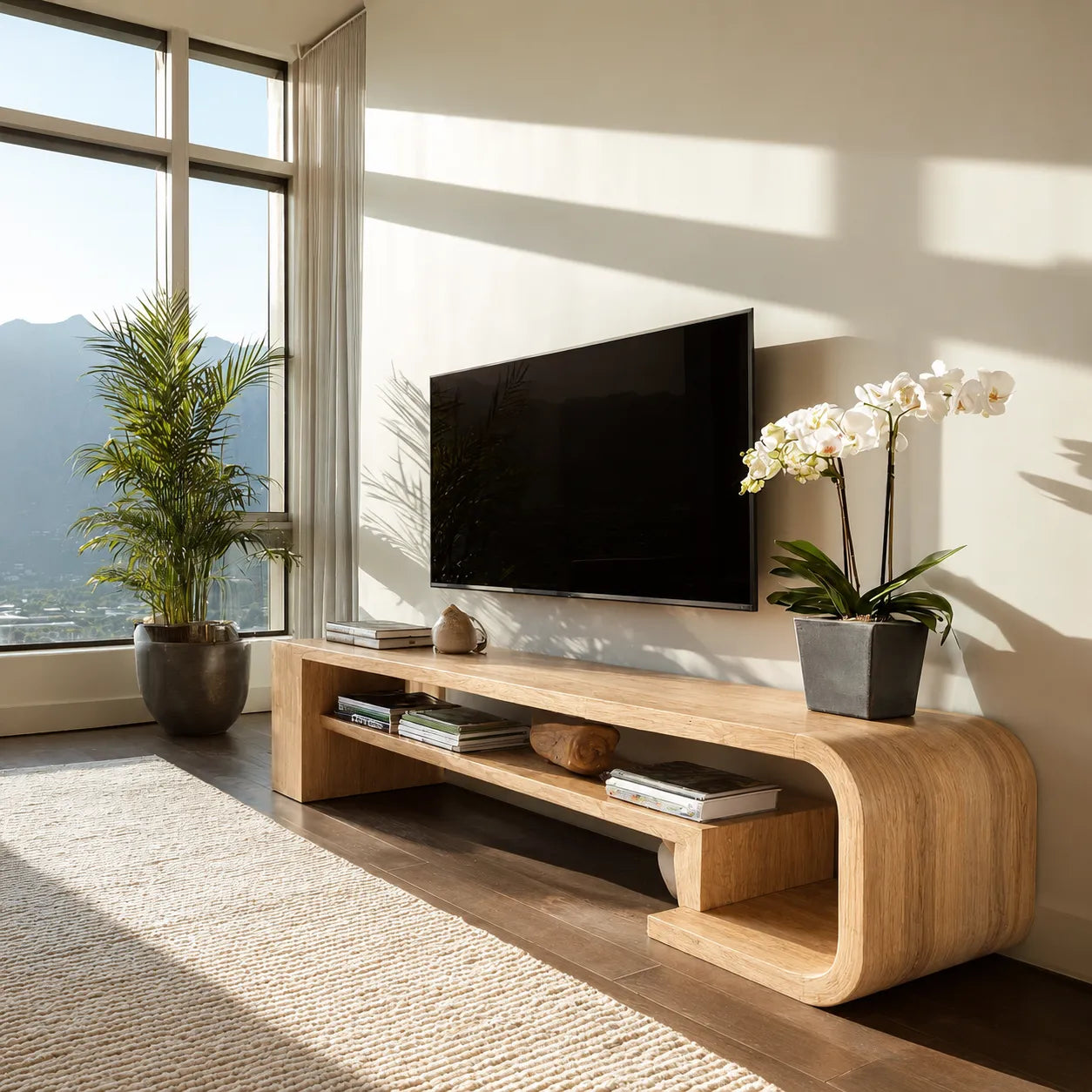 Waterfall Natural Solid Wood TV Stand with Open Display Shelves - Livewoodcraft - 3