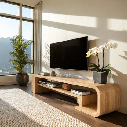 Waterfall Natural Solid Wood TV Stand with Open Display Shelves - Livewoodcraft - 3