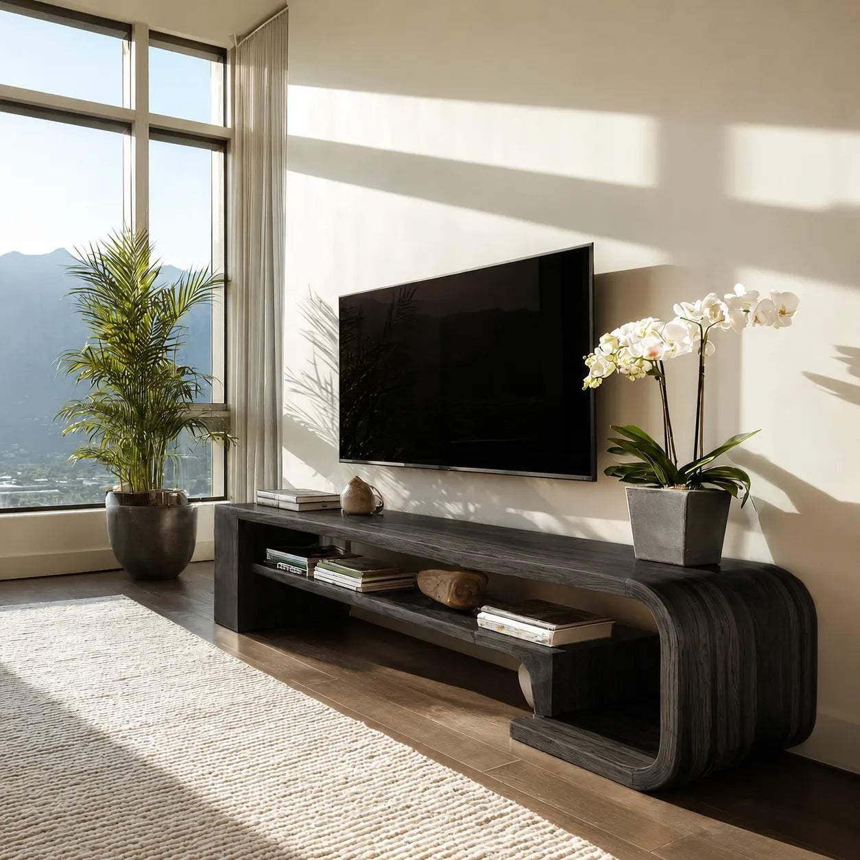 Waterfall Natural Solid Wood TV Stand with Open Display Shelves - Livewoodcraft - 4