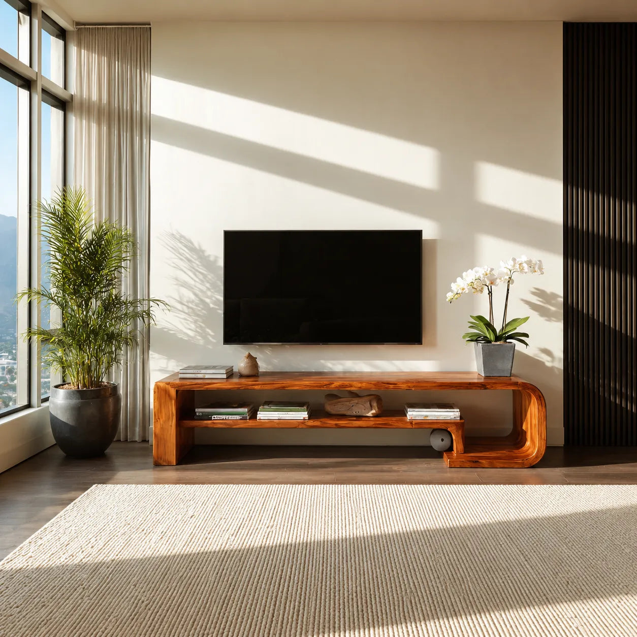 Waterfall Natural Solid Wood TV Stand with Open Display Shelves - Livewoodcraft - 5