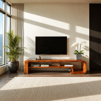 Waterfall Natural Solid Wood TV Stand with Open Display Shelves - Livewoodcraft - 5