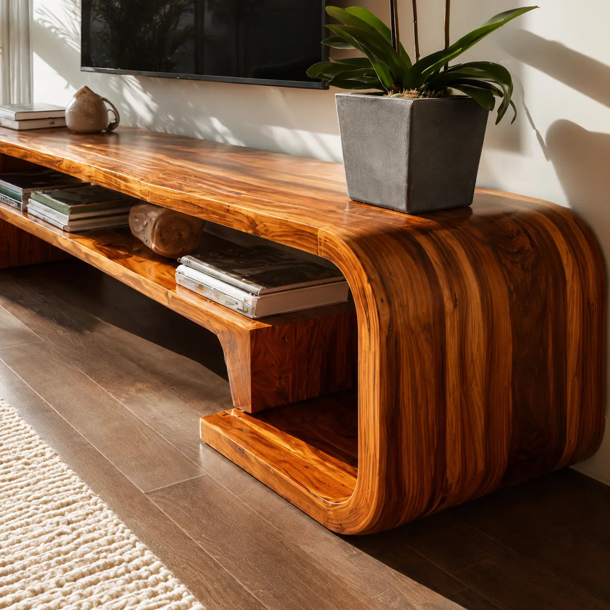 Waterfall Natural Solid Wood TV Stand with Open Display Shelves - Livewoodcraft - 6