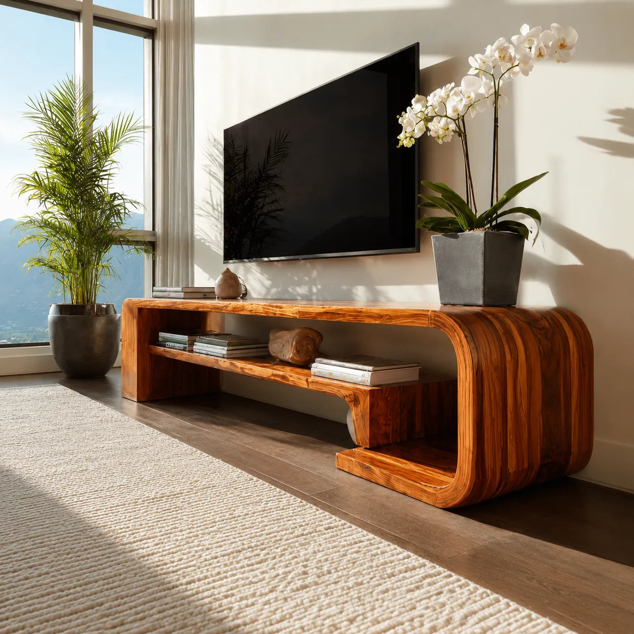 Waterfall Natural Solid Wood TV Stand with Open Display Shelves - Livewoodcraft - 7