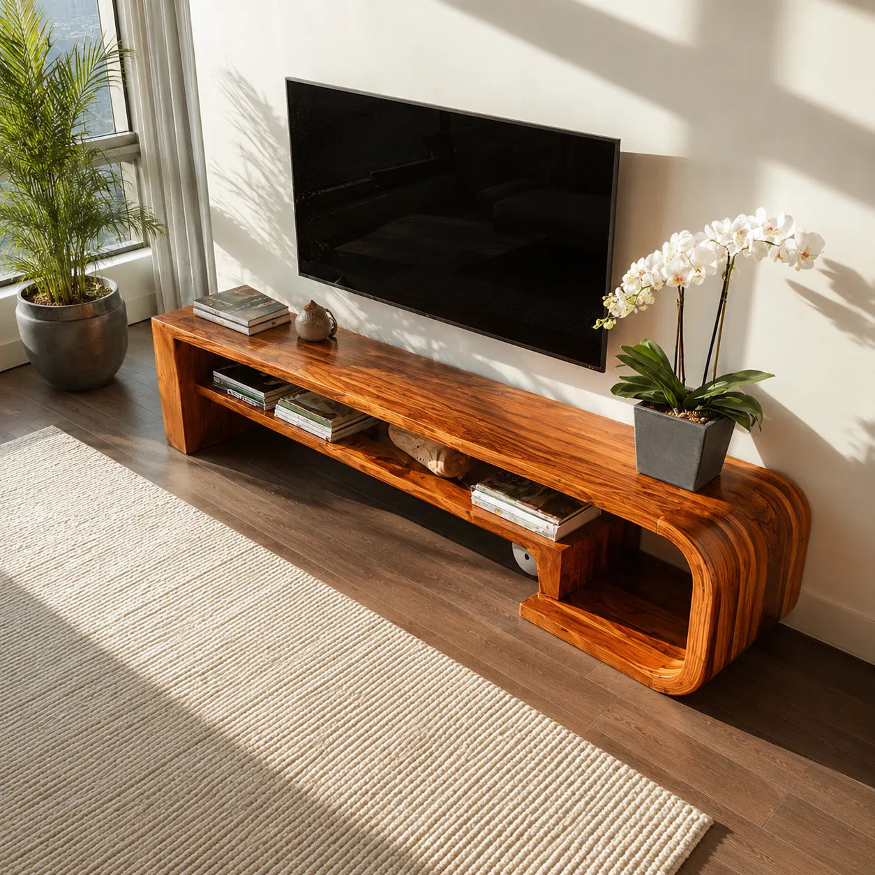 Waterfall Natural Solid Wood TV Stand with Open Display Shelves - Livewoodcraft - 8