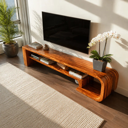 Waterfall Natural Solid Wood TV Stand with Open Display Shelves - Livewoodcraft - 8