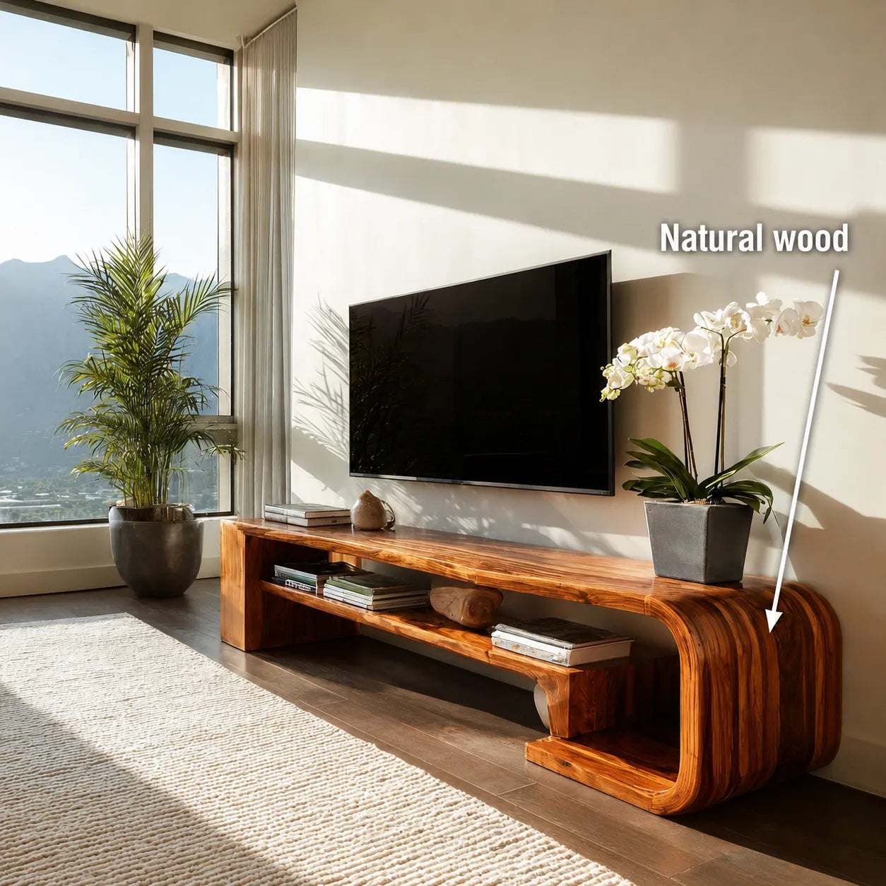 Waterfall Natural Solid Wood TV Stand with Open Display Shelves - Livewoodcraft - 9