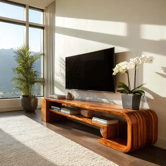 Waterfall Natural Solid Wood TV Stand with Open Display Shelves - Livewoodcraft