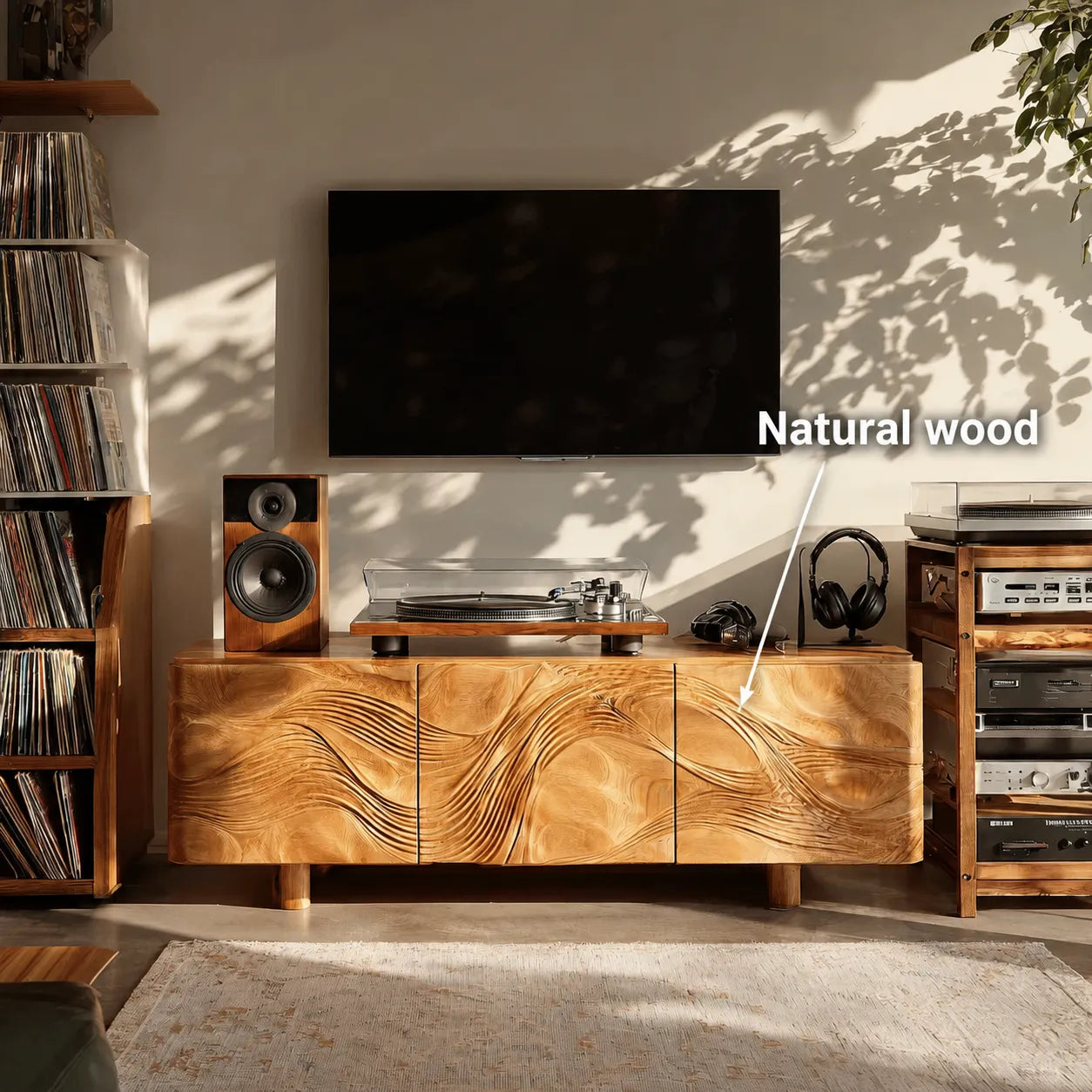 Wave Carved Natural Solid Wood TV Stand with Concealed Storage Doors - Livewoodcraft - 11