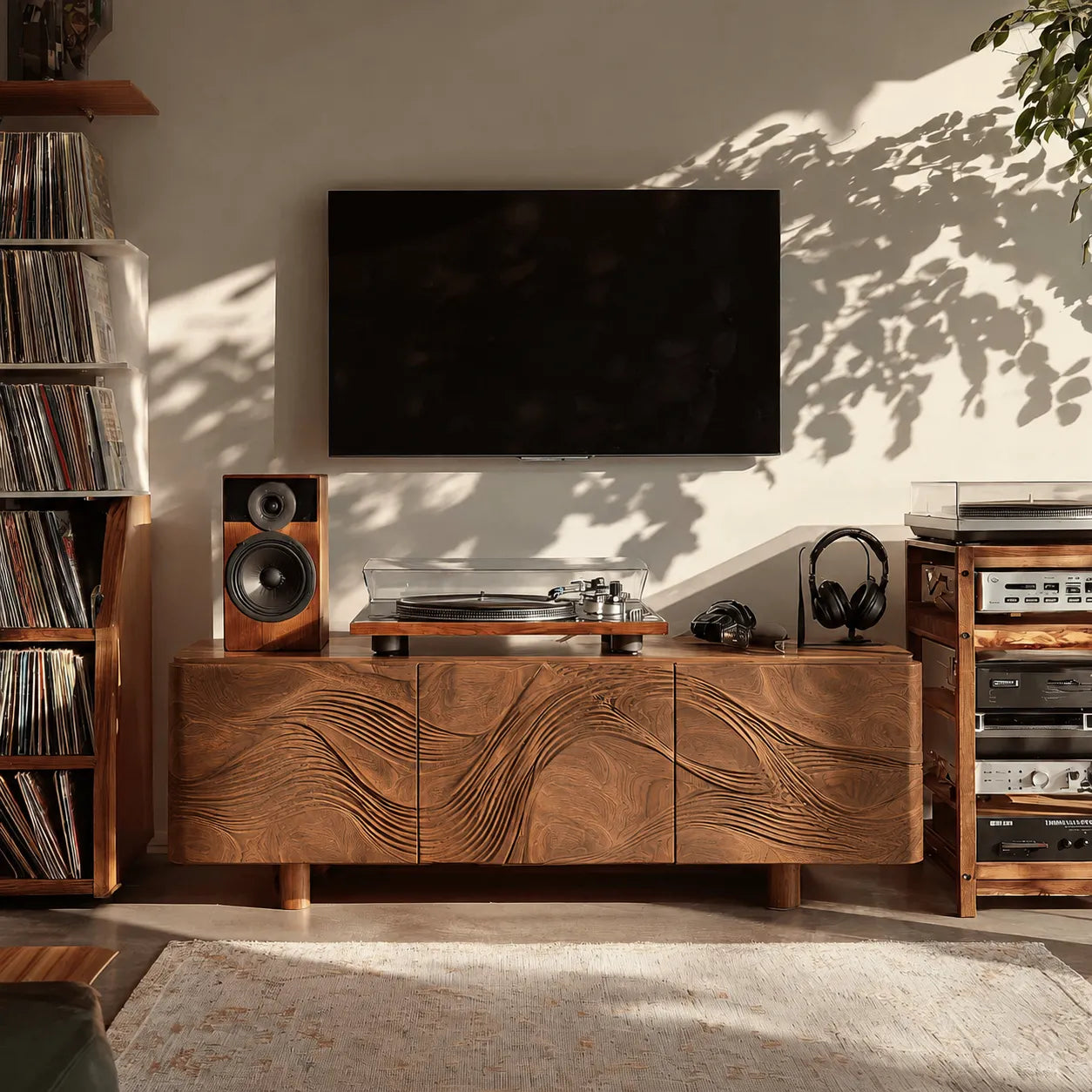 Wave Carved Natural Solid Wood TV Stand with Concealed Storage Doors - Livewoodcraft - 2