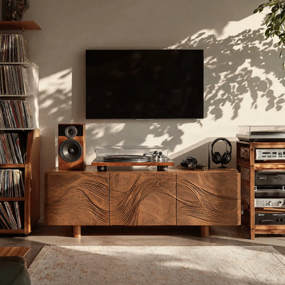 Wave Carved Natural Solid Wood TV Stand with Concealed Storage Doors - Livewoodcraft - 2