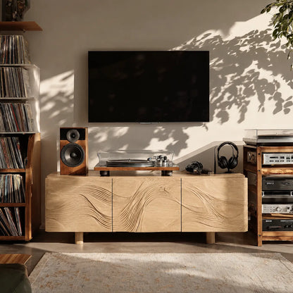 Wave Carved Natural Solid Wood TV Stand with Concealed Storage Doors - Livewoodcraft - 3