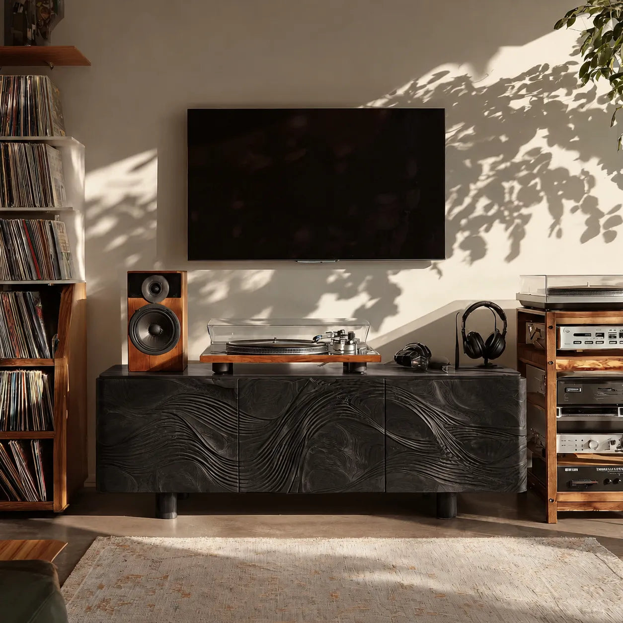 Wave Carved Natural Solid Wood TV Stand with Concealed Storage Doors - Livewoodcraft - 4